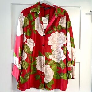 Zara NWT Satin Red Floral Shirt Size Medium